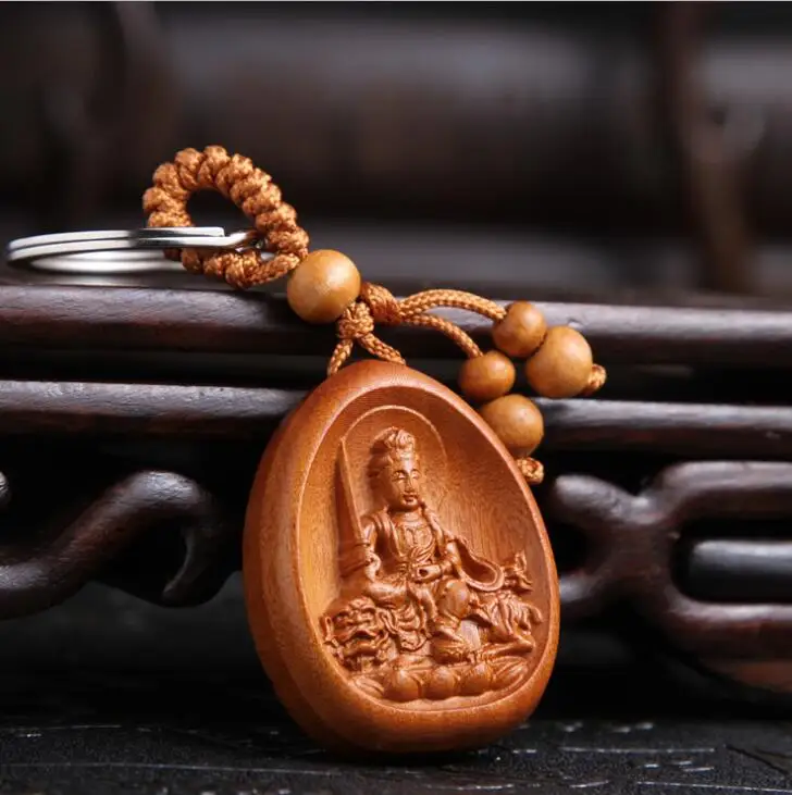 

Chinese Peach Wood Carved The Patron Saint Of The Zodiac Rabbit Manjusri Bodhisattva's Original Life Buddha Exquisite Car Key Ch