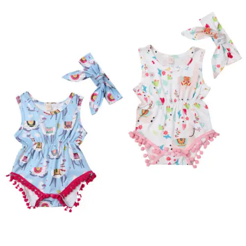 

Cute Newborn Baby Girl Sleeveless Tassel Bodysuit Jumpsuit Headband 2pcs Outfit Summer Clothes Size 0-24M