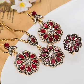 

zlxgirl Fashion Flower Necklace setsWomen Vintage Turkish Jewelry Set Green Flower Pendant Pendientes Necklace Earrings Set
