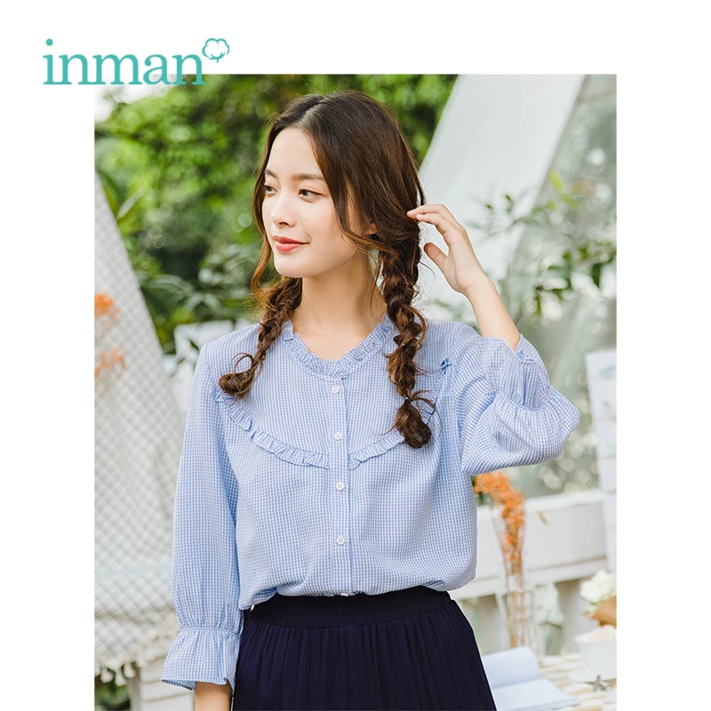 

INMAN Autumn V-neck Retro Plaid Literary Pastpral Style Bell Sleeves Women Shirt