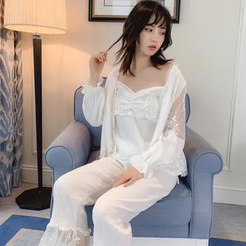 

4 Pcs Lovely Sweet Lace Princess Pajamas Cotton Nightdress Cardigan Long Pant Set Soft Breathable Pajama Set
