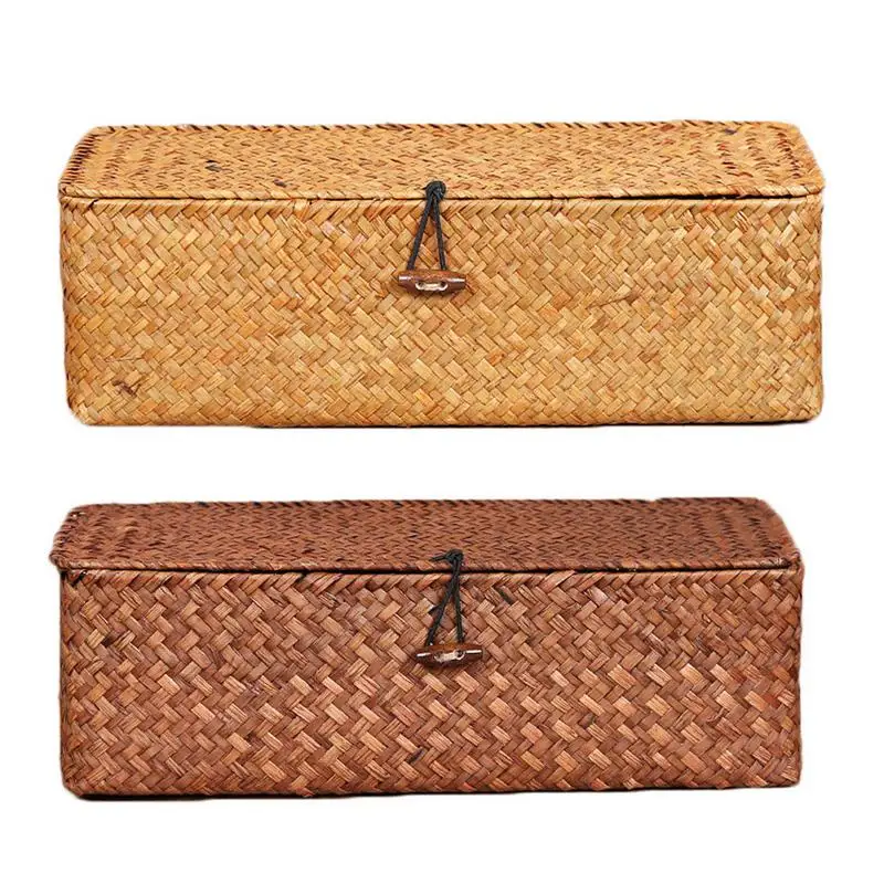 

Handmade Seaweed Tabletop Storage Box Compartment Sock Snack Jewel Cosmetic Finishing Basket Desktop Storage Organizer With Lid