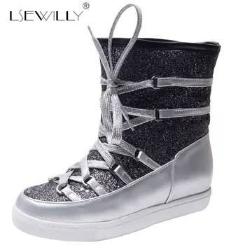 

Lsewilly Snow Boots Winter Ankle Boots Women Shoes Fur Warm Boots Female Casual Shoes Platform Gold Silver Bling Lace Up E379