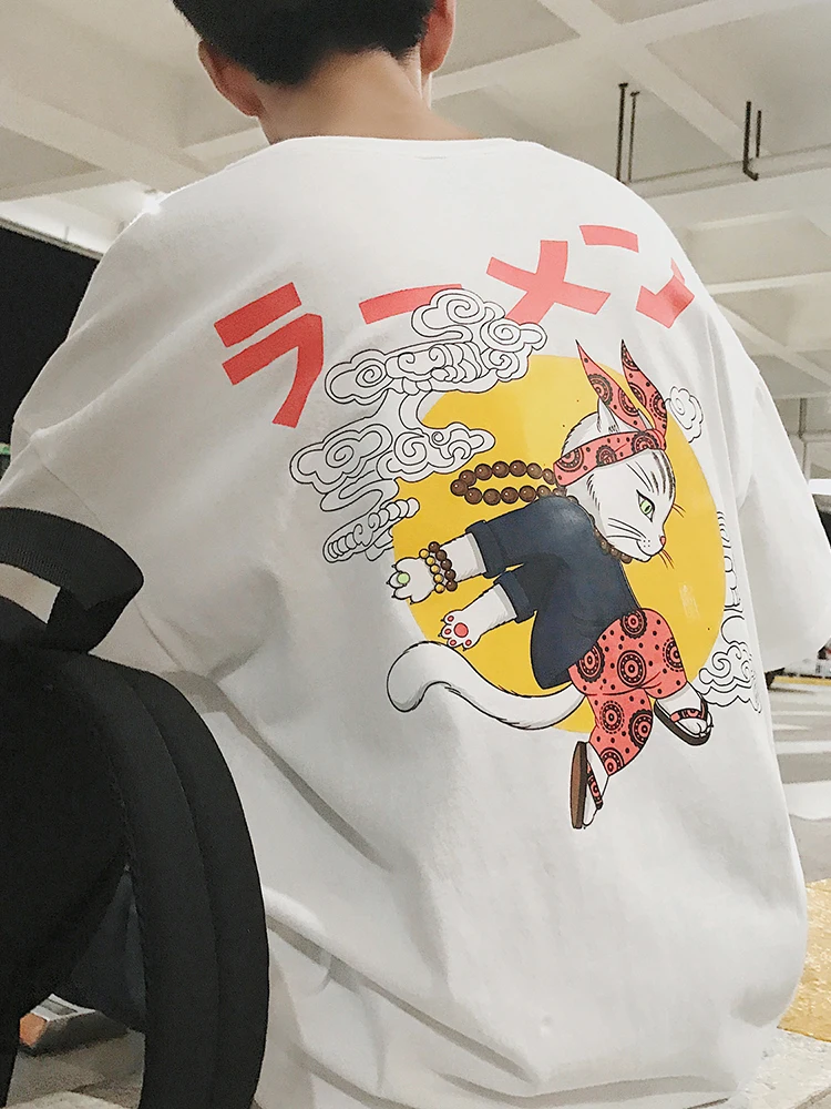 2019 летние Япония Harajuku Street принт комиксы Cat Для мужчин свободные футболка хип-хоп прилив шею короткий рукав Футболка большого размера