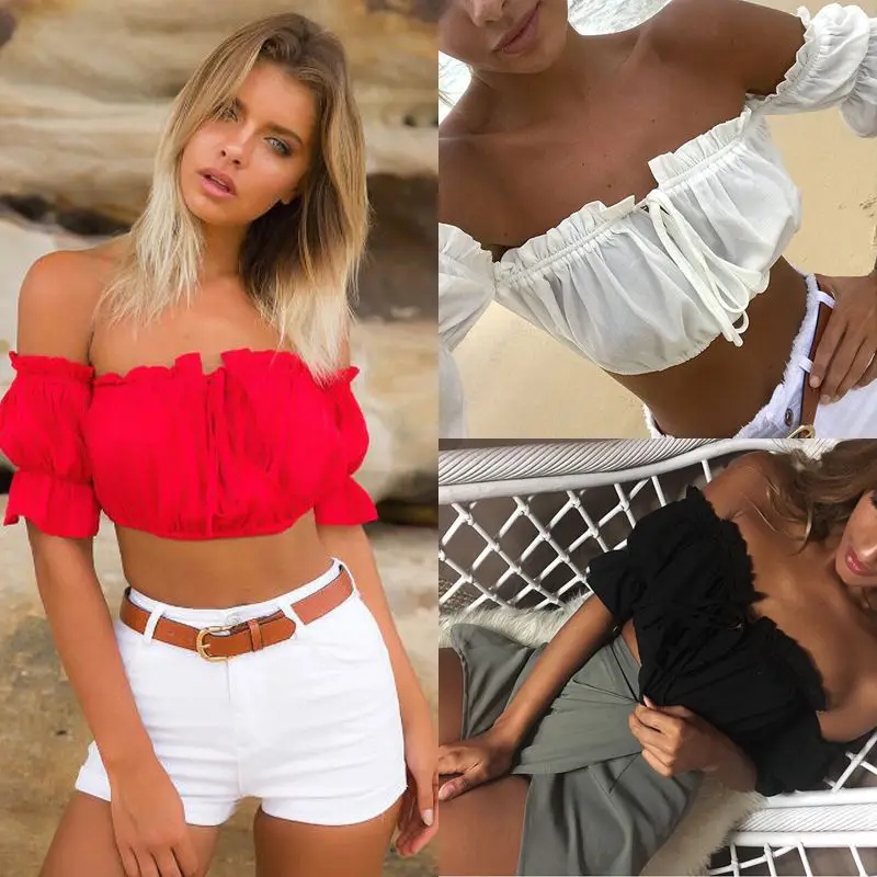 Womens Ladies Off Shoulder Crop Tops Summer Blouse Solid Short Sleeve |