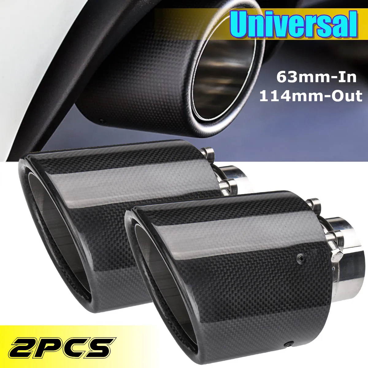 

2Pcs Universal 2.5inch 63- 114mm Glossy Black Car Carbon Fiber Exhaust Muffler Tip Pipe Car Rear Tail Throat