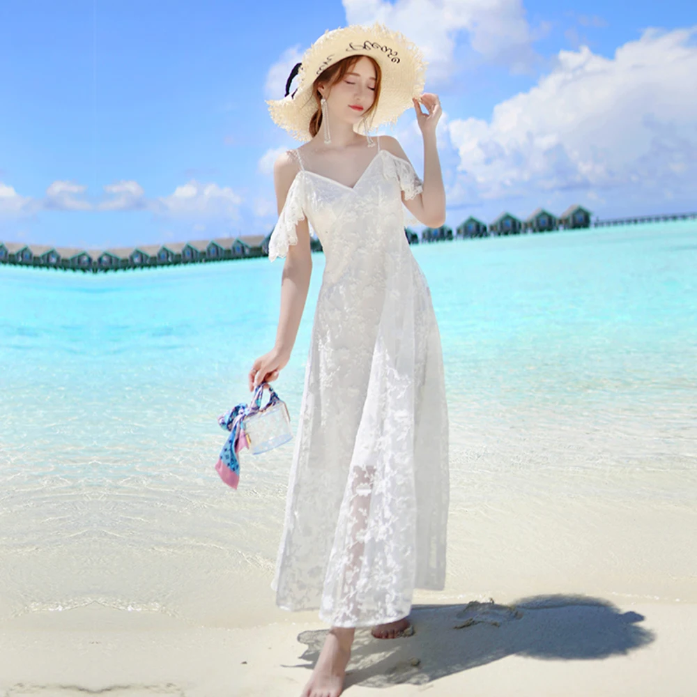 

Summer Embroidery Beach Dress Casual Sexy V-neck Strap Backless Women Sundress Elegant Lace Party Dresses Vestidos