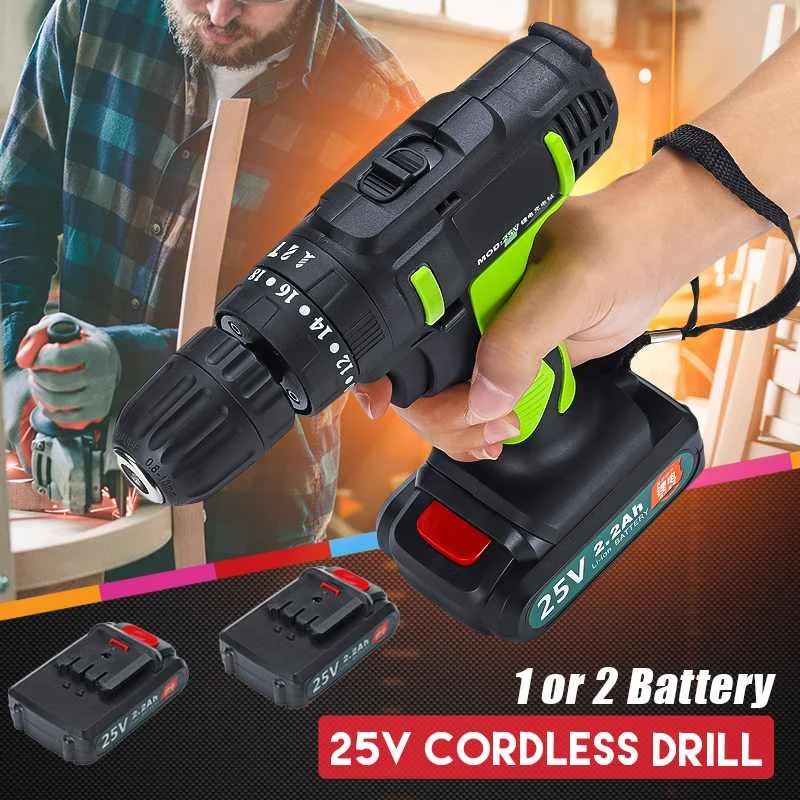 

25V Double Speed Cordless Electric Drill Impact 3/8" Driver Drills Rechargable Li-ion Battery Electric Screwdriver Power Tool
