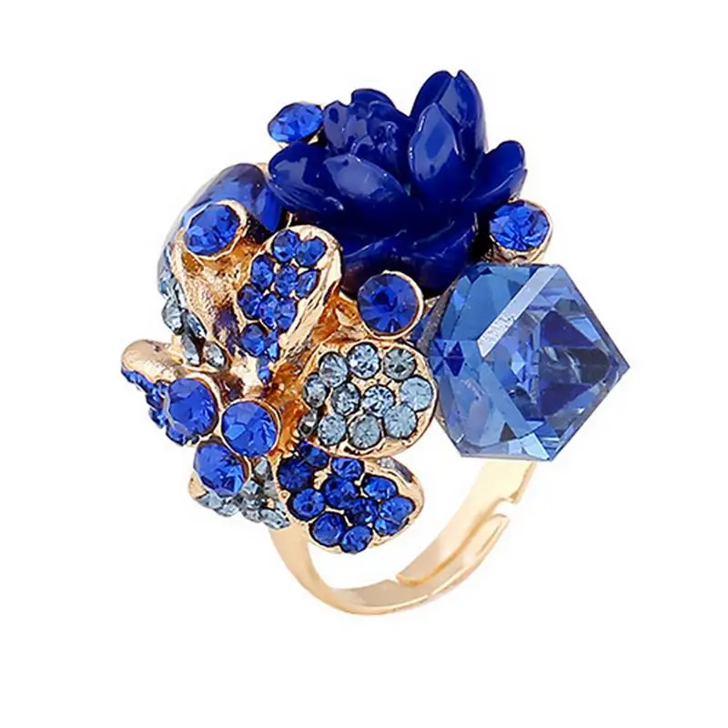 

European Style Women Fashion Jewelry Colorful Rhinestone With Resin Flower Big Statement Ring Size Adjustable Finger Jewelry