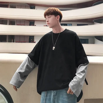 

Men's Sweatshirt 2019 Spring New Youth Popular Loose Round Neck Fake Two Long Sleeve Capless Sweatshirt Youth Casual Men's Wear