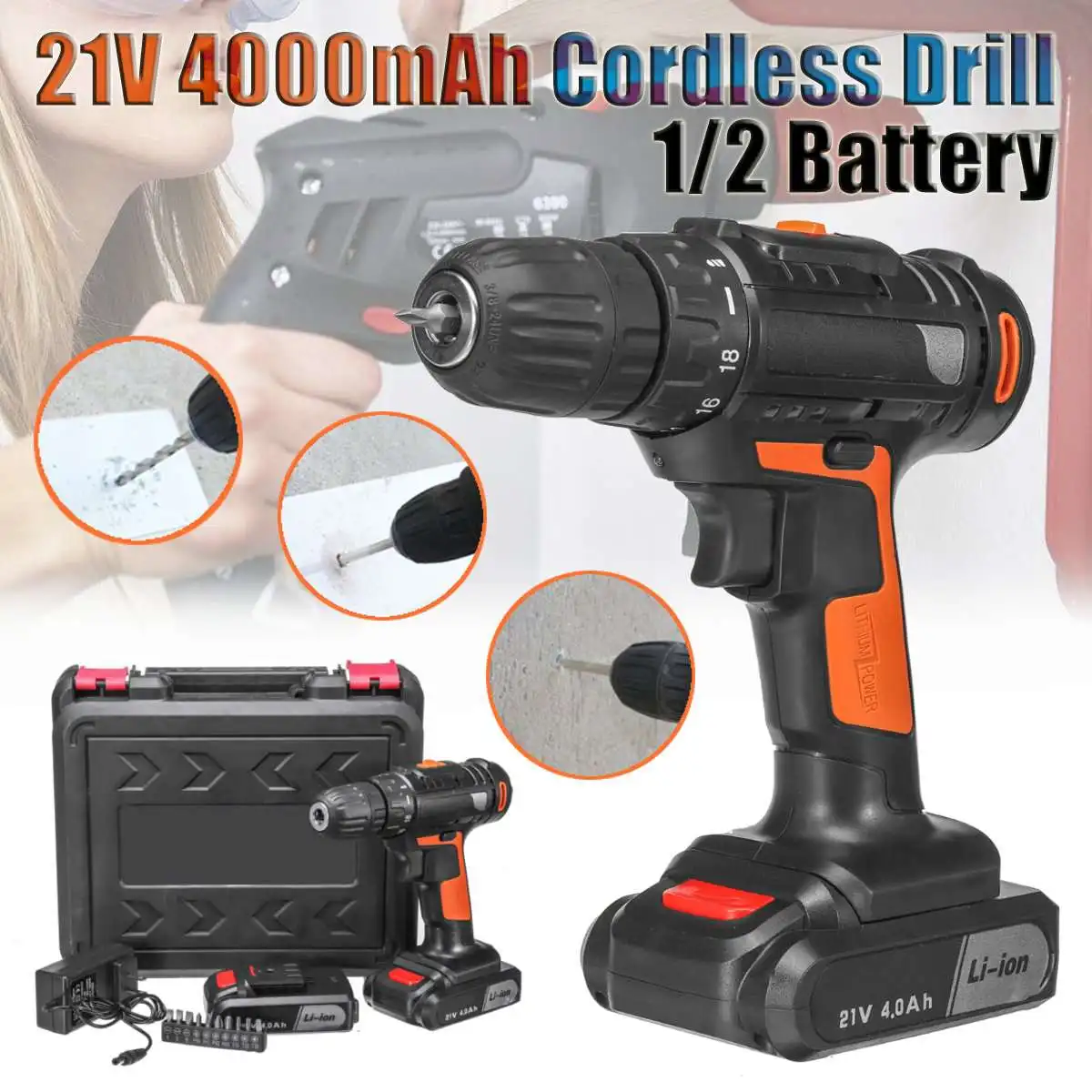 

21V 4000mAh Electric Screwdriver Cordless Drill Mini Wireless Power Driver 18+1 Clutches 1/2 Li-Ion Battery Rechargeable