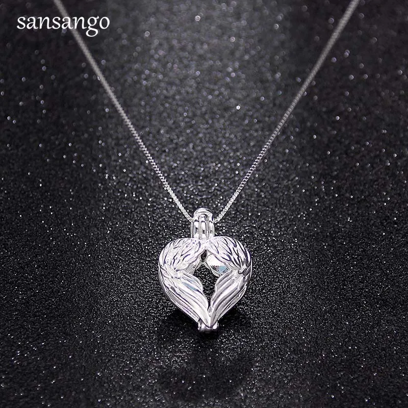 

925 Sterling Silver Angel Wings Locket Pearl Cage Pendant Necklace For Women Lady Girls Fashion Jewelry Gift Fit Wedding Party