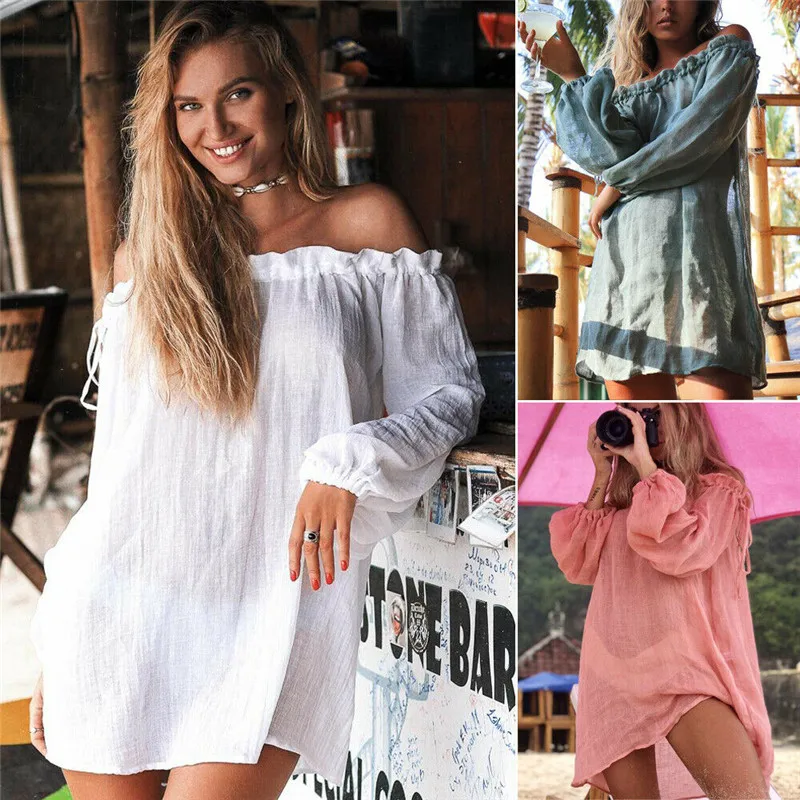

2019 New Fashion Women Beach Cover-ups Off Shoulder Swimwear Plain Bikini Cover-Ups Summer Kaftan Sarong Beach Dress