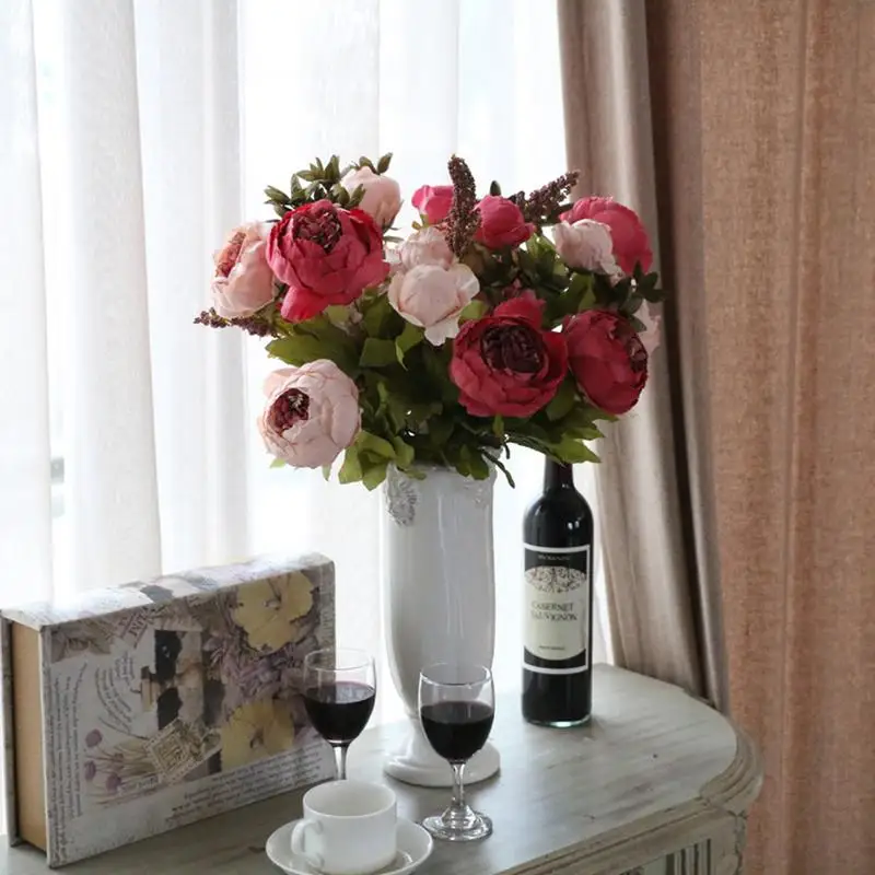 

European Style Heart Peonies Bouquet 6 Core Peonies Silk Cloth Plastic Romantic Purple Dark Pink Coffee Festival Party Supplies