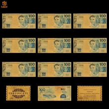 10 sztuk dużo pozłacane banknot brazylia 100 Reais Bank Bill replika waluta kolekcja papierowych banknotów i prezenty świąteczne