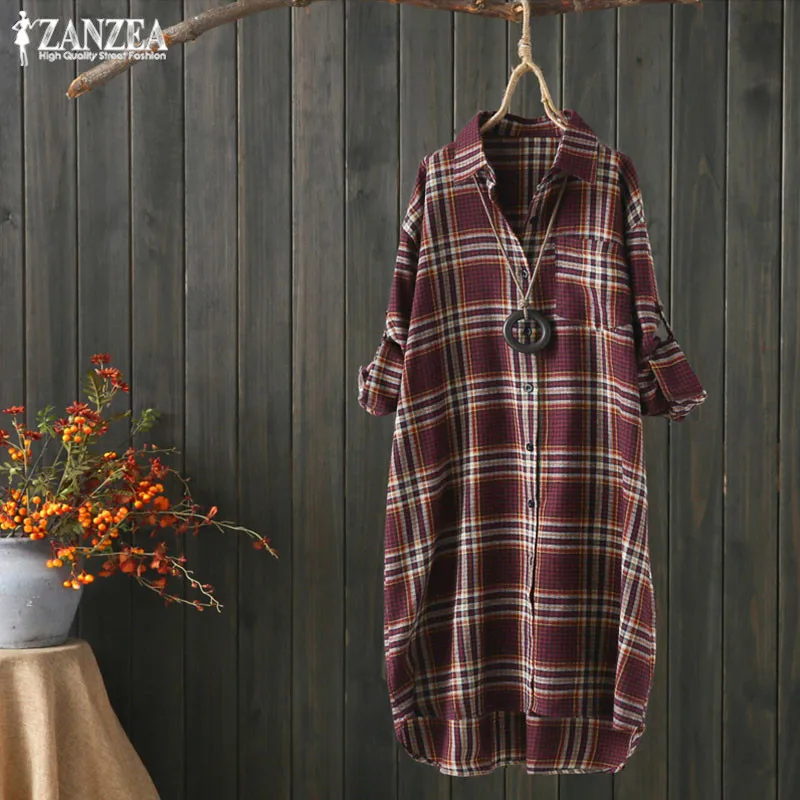 Осеннее платье с длинными рукавами в клетку Chemise для женщин сетки блузка 2021 ZANZEA
