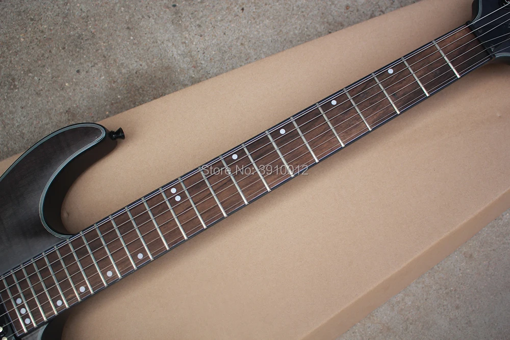 High quality Matte Black Electric Guitar with Strings Thru Body,Flame Maple Veneer,White Dots Fret Inlay free shipping High quality Matte Black Electric Guitar with Strings Thru Body,Flame Maple Veneer,White Dots Fret Inlay free shipping
