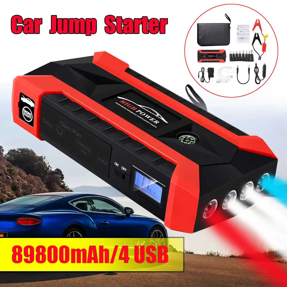 89800mAh 4USB Car Jump Starter Multifunction Emergency Charger Battery Power Bank Pack Booster 12V Starting Device Waterproof