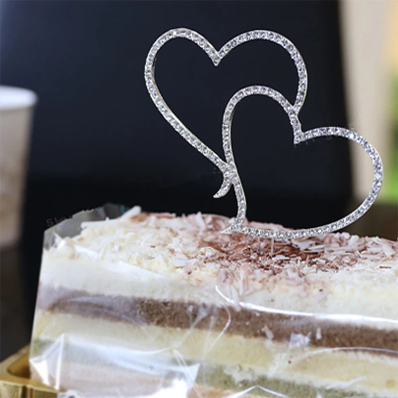 

New Cake Topper Romantic Crystal Rhinestone Silver Double Heart Cake Topper Wedding Decoration New Year Decor