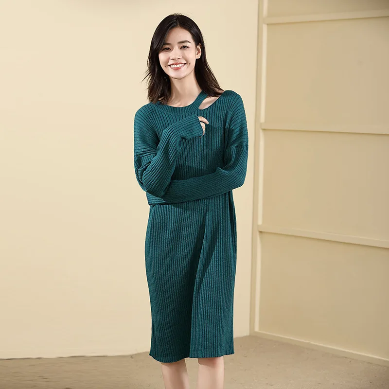 

2018 autumn and winter new stylish large size women's hollow out knitting dress hanging neck loose sweater dress 18209