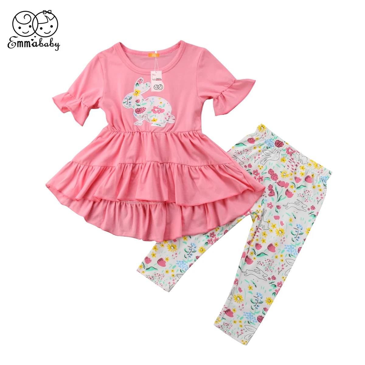 

My 1st Easter Children Clothing Summer Baby Girl Ruffle Bunny Printed Tops Mini Dress Long Pants Casual Outfit Kid Clothes