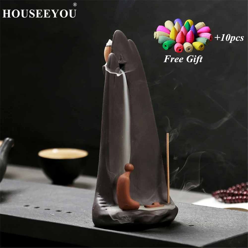 

10Pcs Incense Cones + Meditate Little Monk Waterfall Incense Burner Stick Holder Stand Backflow Censer Home Office Temple Crafts