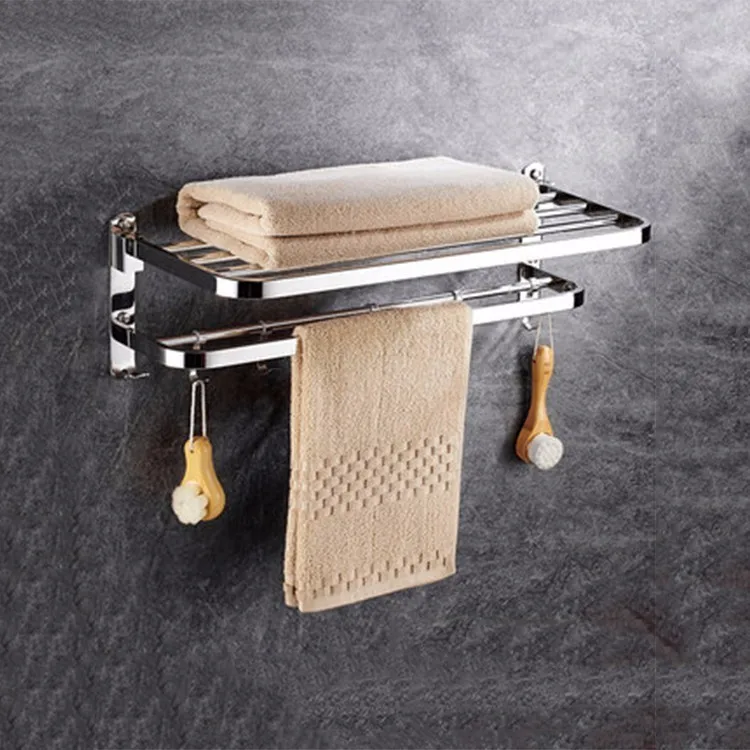 

New Arrival Bathroom Hardware Stainless Steel Bath Polished Towel Holder/Rack Shower Room Storage Towel Shelf With Hooks