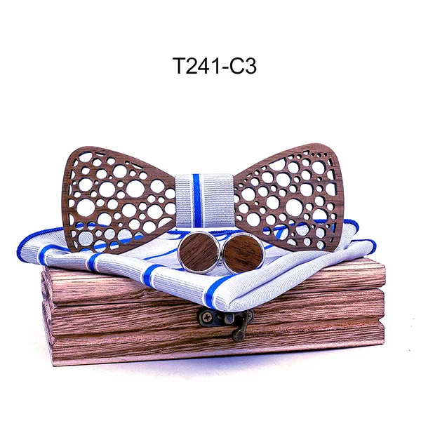  2019 New Mens Wooden Bow Tie Set for Wedding Suit Wood Bowties Brooch Handkerchief Cufflinks Set Sl