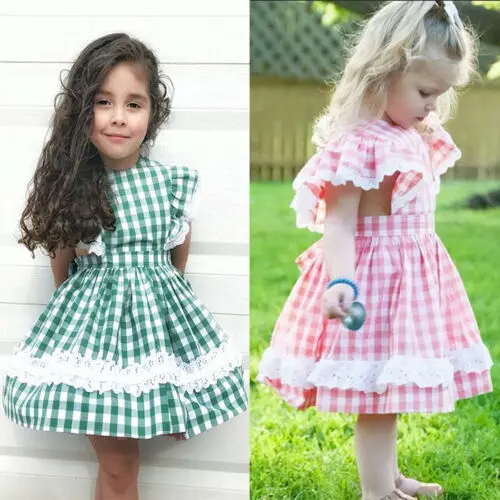 

2-7T Toddler Girls Kids Baby Ruffle Dress Party Short Sleeve Princess Lace Plaid Dresses Sundress