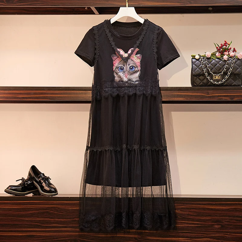 

L-5XL Plus Size Women Two Piece Dress Summer 2019 Cartoon Cat Print Patch Short Sleeve Long T shrit Dress and Mesh Midi Dress
