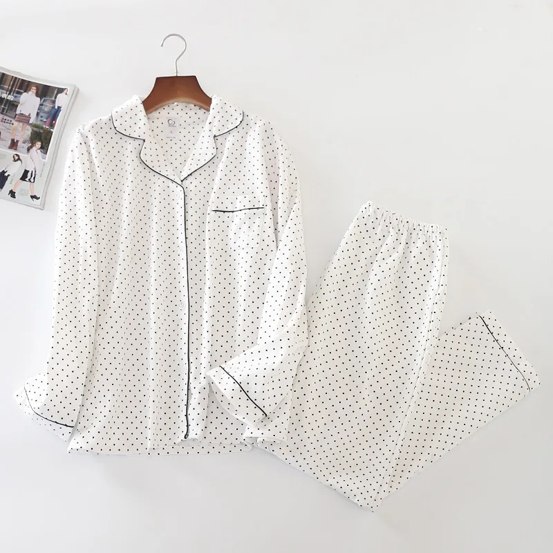 

QWEEK 2019 Spring Women Sleepwear Cotton Pyjamas Women Dot Pajamas Winter Brushed Cotton Pijama Mujer Casual Home Wear