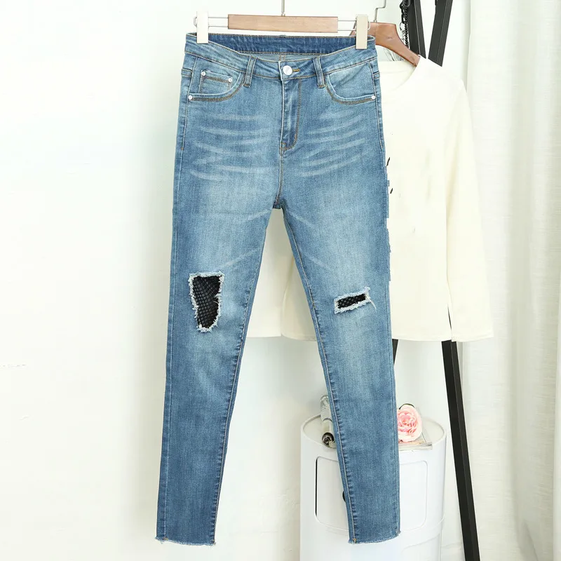 

Women Denim Skinny Pants Ripped Hole High Waist Stretch Jeans Slim Pencil Trousers Wash Jeans Woman Plus Size 5XL