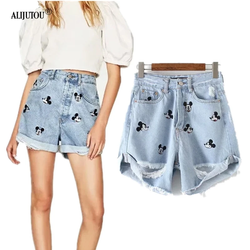 Zaraing crossover Mickey denim shorts 2019 women high waist shorts