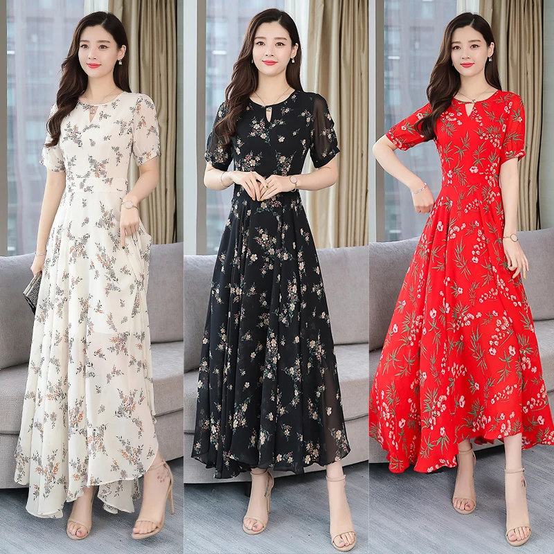 

2019 New floral chiffon dress round collar high waist cultivate one's morality full-skirted dress printed fairy holiday