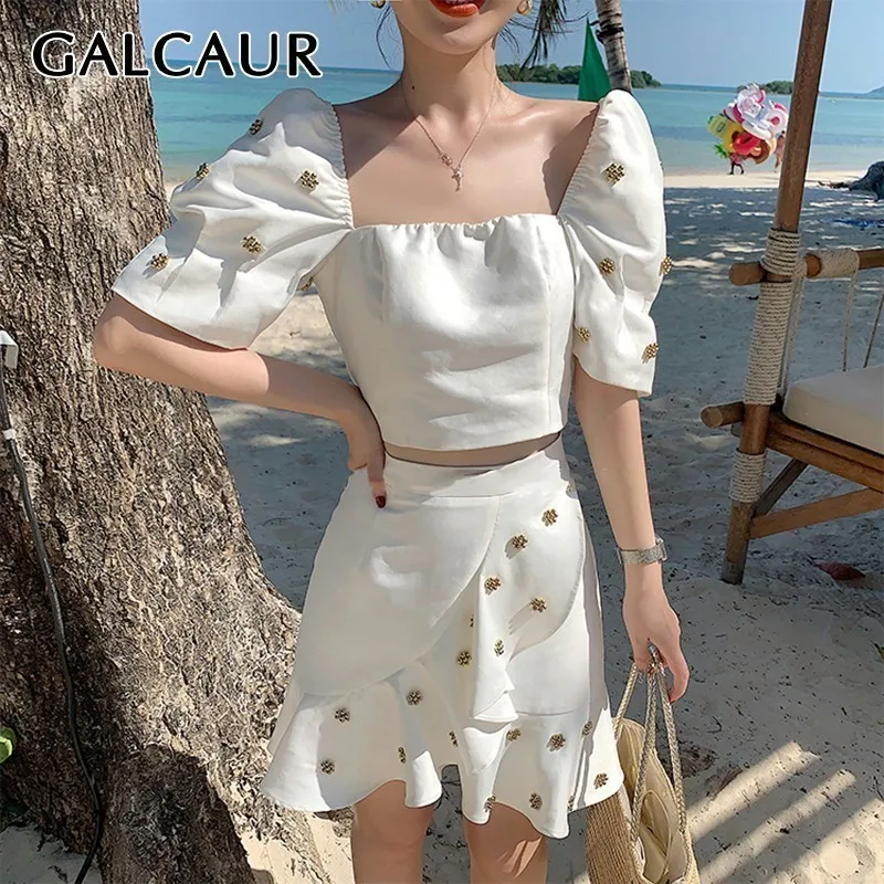

GALCAUR Beading Patchwork Women Suit Square Collar Puff Sleeve Crop Top High Waist Ruffles Skirt Two Piece Set Female Fashion