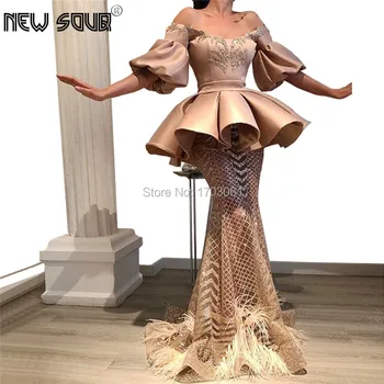 

Feathers Long Evening Dresses With Off the Shoulder Prom Dress Robe De Soiree 2019 Dubai Arabic Glitter Party Gowns Abendkleider