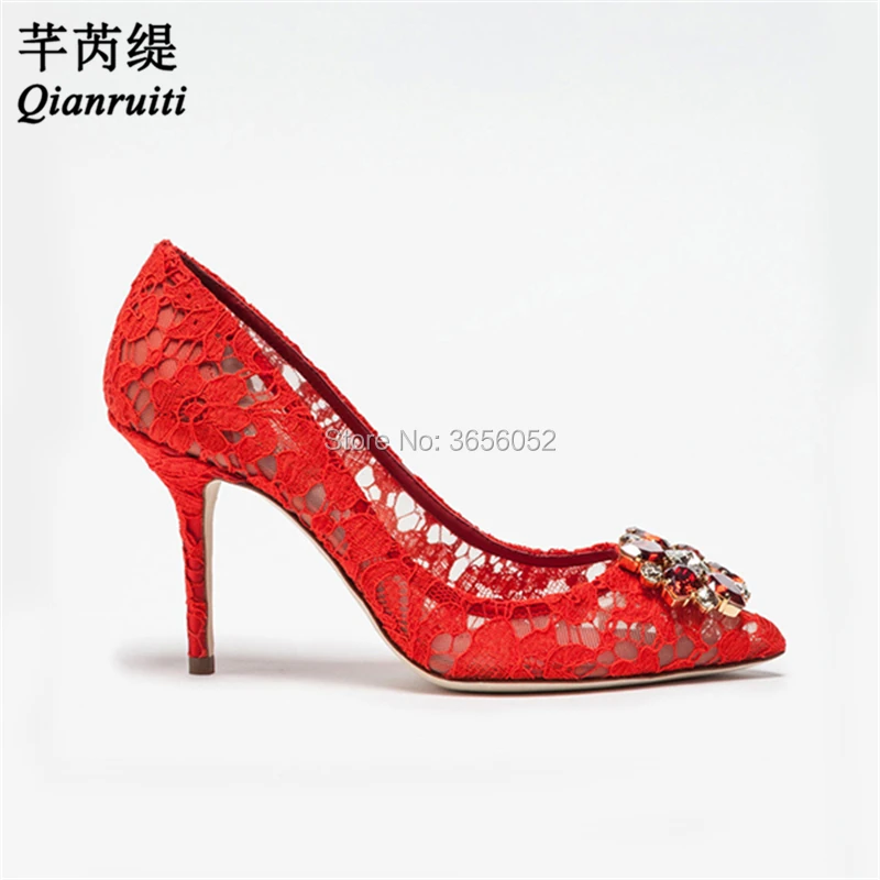 

Qianruiti Diamond Studded Clear Crystal Pumps Pointed Toe Stilettos Bride Wedding Shoes Lace High Heels Black Red White Yellow