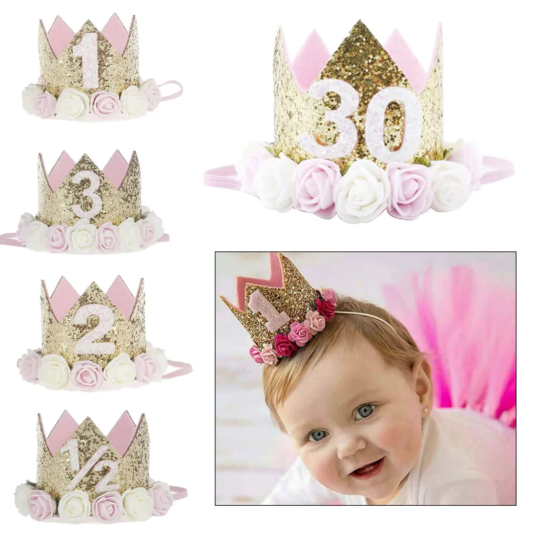Вечерние головные уборы с цветами для маленьких девочек на первый день рождения, повязка на голову с короной и От 1 до 3 лет, стильная шапка принцессы на день рождения, аксессуары для волос для малышей