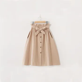

2019 Fashion Women Solid Pockets Midi Skirts Summer Casual A-Line Bow Bottoms