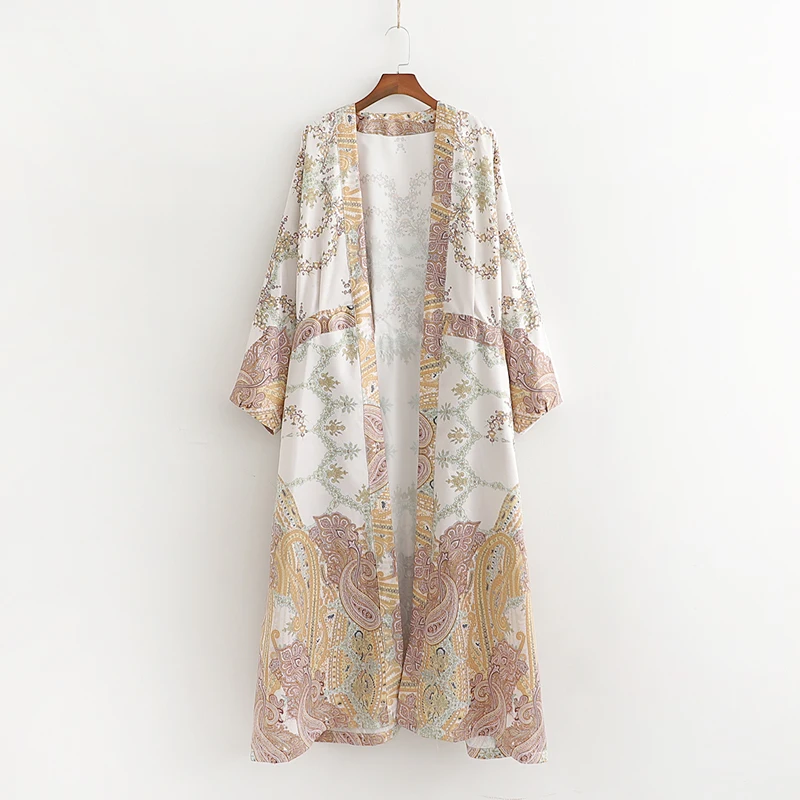 

Women Long Kimono Trench Spring 2019 New Fashion Satin Paisley Prints Pattern Modern Lady's Outwear Clothing
