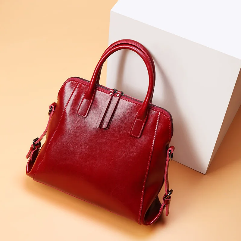 

Kajie Brand Fashion Wax Oil Luxury Genuine Leather Briefcase Top-handle Shoulder Bags Female Ladies Handbags Women Blue Tote Bag