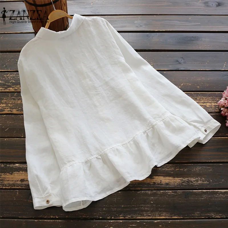  Plus Size ZANZEA Vintage Women Spring Long Sleeve Ruffles Blouse Cotton Linen Shirt Casual Solid To