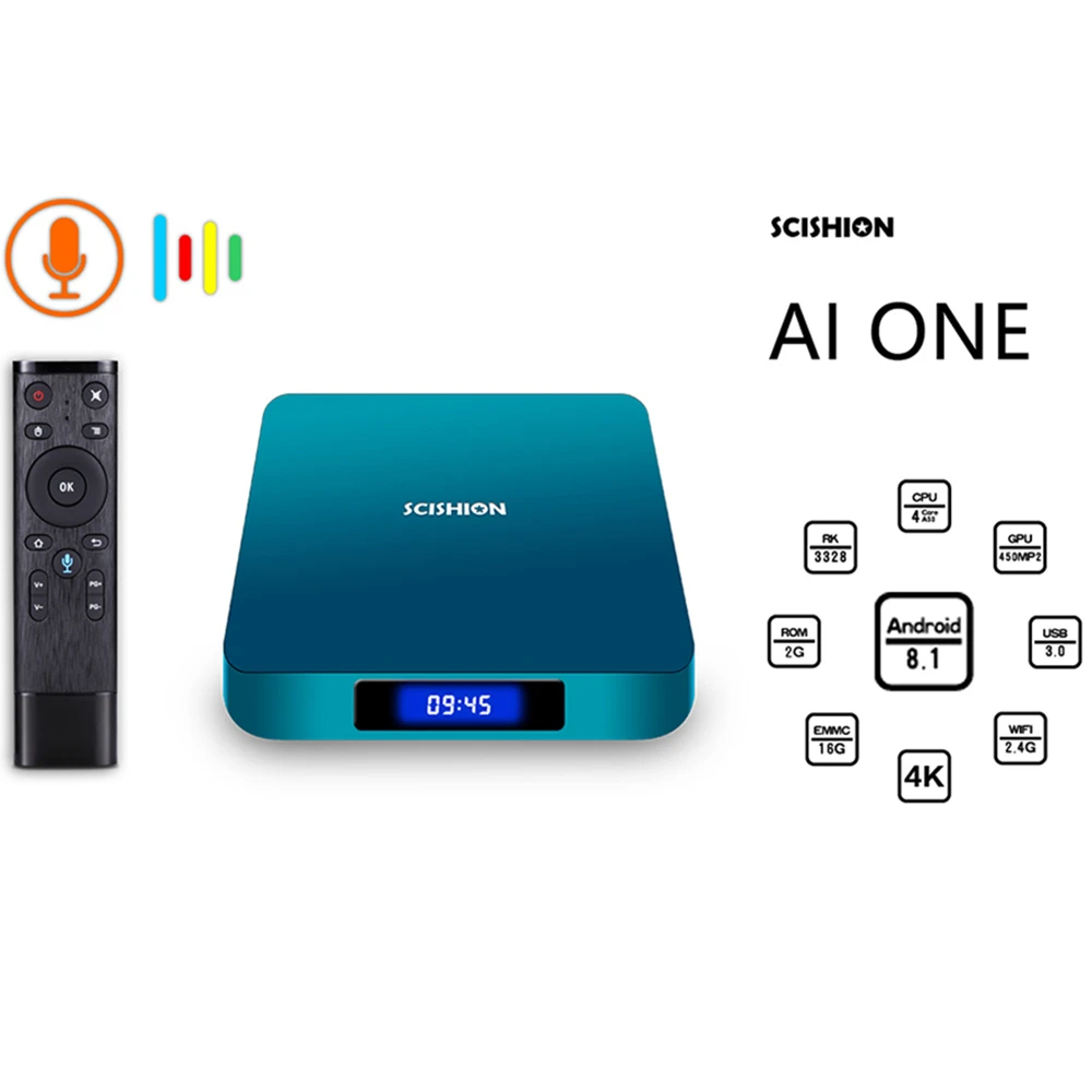 

SCISHION AI ONE TV Box Android 8.1 Voice Control Rockchip 3328 2GB RAM 16GB ROM 2.4G WiFi USB3.0 BT4.0 LED Display Set Top Box