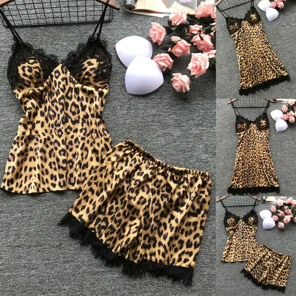 

Hirigin New Women Satin Lace Robe Leopard 2 Styles Sleepwear Lingerie Night dress Sexy Lingerie Women dress