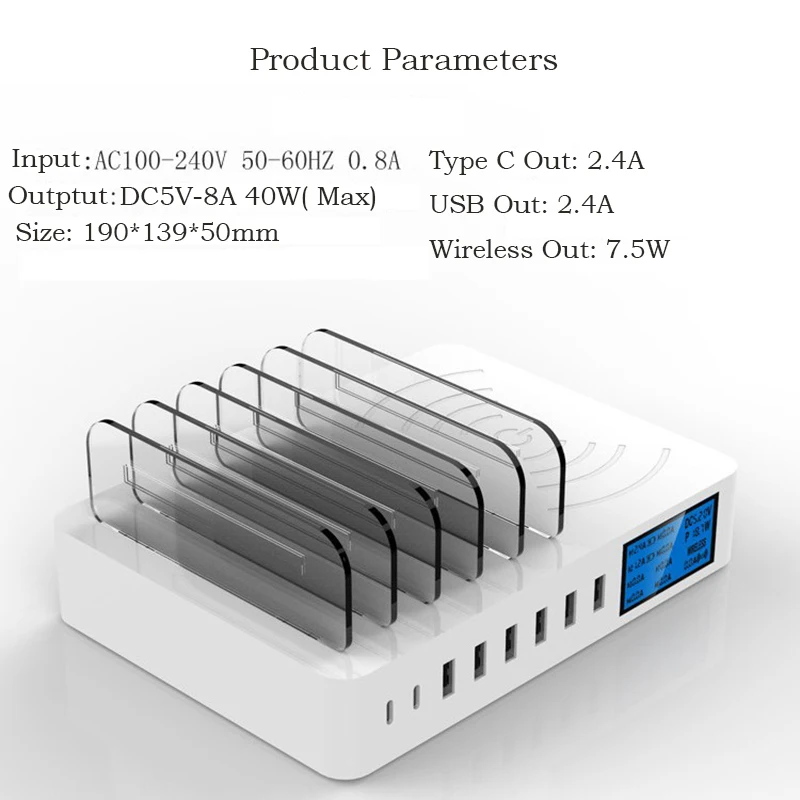 8A Мульти USB зарядное устройство концентратор Настольный Qi беспроводной зарядное устройство Pad светодиодный дисплей Универсальный 8 портов несколько usb зарядная станция базовый держатель