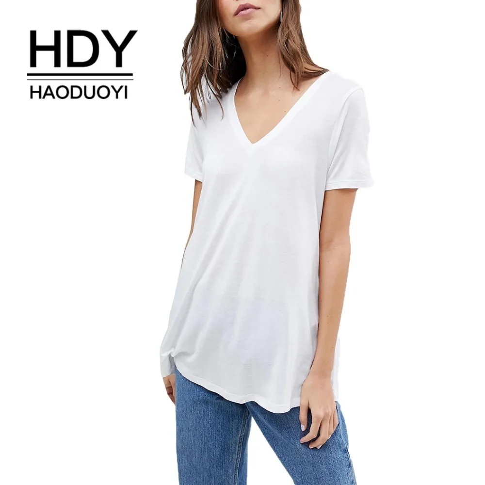 

HDY Haoduoyi Summer Pure Color Short Sleeve New Girl Simple Commuter V-neck Sexy Wide Hem T-shirt