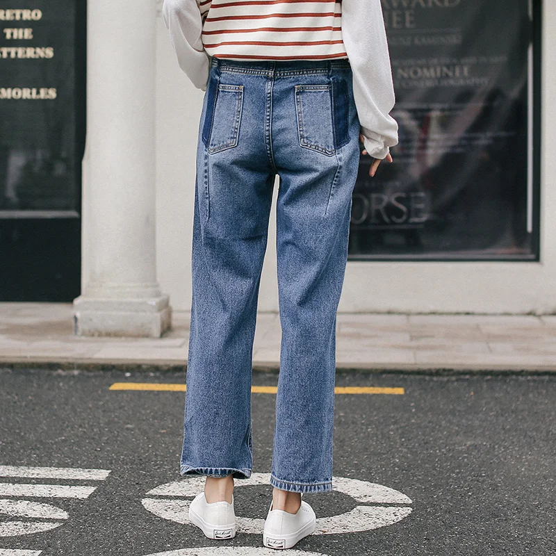 Blue Denim Jeans Woman Straight Leg Mid Waist Mom Jeans Streetwear Korean Fashion Loose Pants 6175#