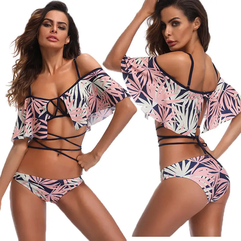2018 Brand New Women Padded Bikini Set Push Up Swimsuit Off Shoulder Bathing Swimwear Ruffled Bandage Swimear Suit Plus Size | Спорт и