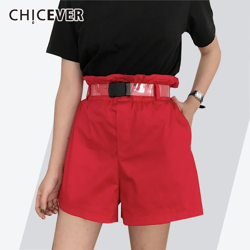 

CHICEVER Bud Shorts For Women High Elastic Waist Transparent Sashes Solid Color 2019 Summer Female Shorts Korean Fashion Clothes