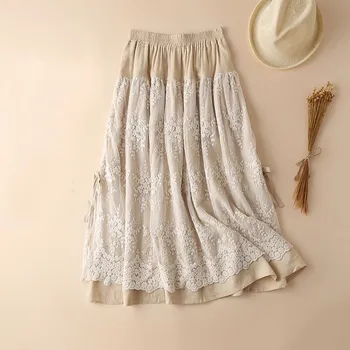 

Japanese Womens Retro Long Maxi Chic Style Skirt Spring Summer Lace Patchwork Pleated Mori Girl Skirt Sweet Lolita Novelty Skirt